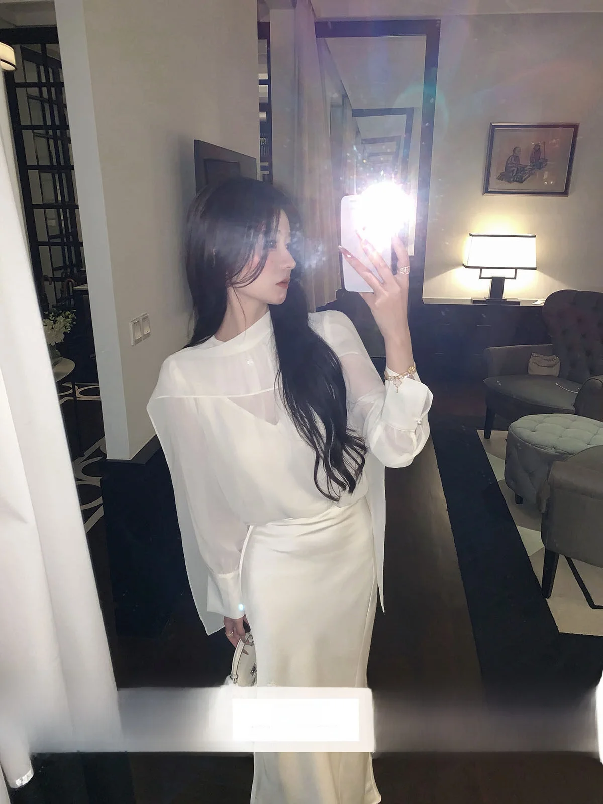 

YOLI Zhang Yuli Peach Color Chiffon irt Women's Spring High-End Feeling Ele Slimming Versatile Top French Holiday Sle