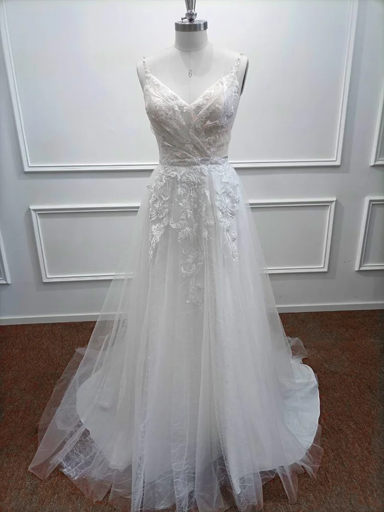 

Wedding Dress 2024 Bride Pearl White Dress V-Neck Floor Length Wedding Gown Lace Wedding Party Dress Back Zipper Sleeveless