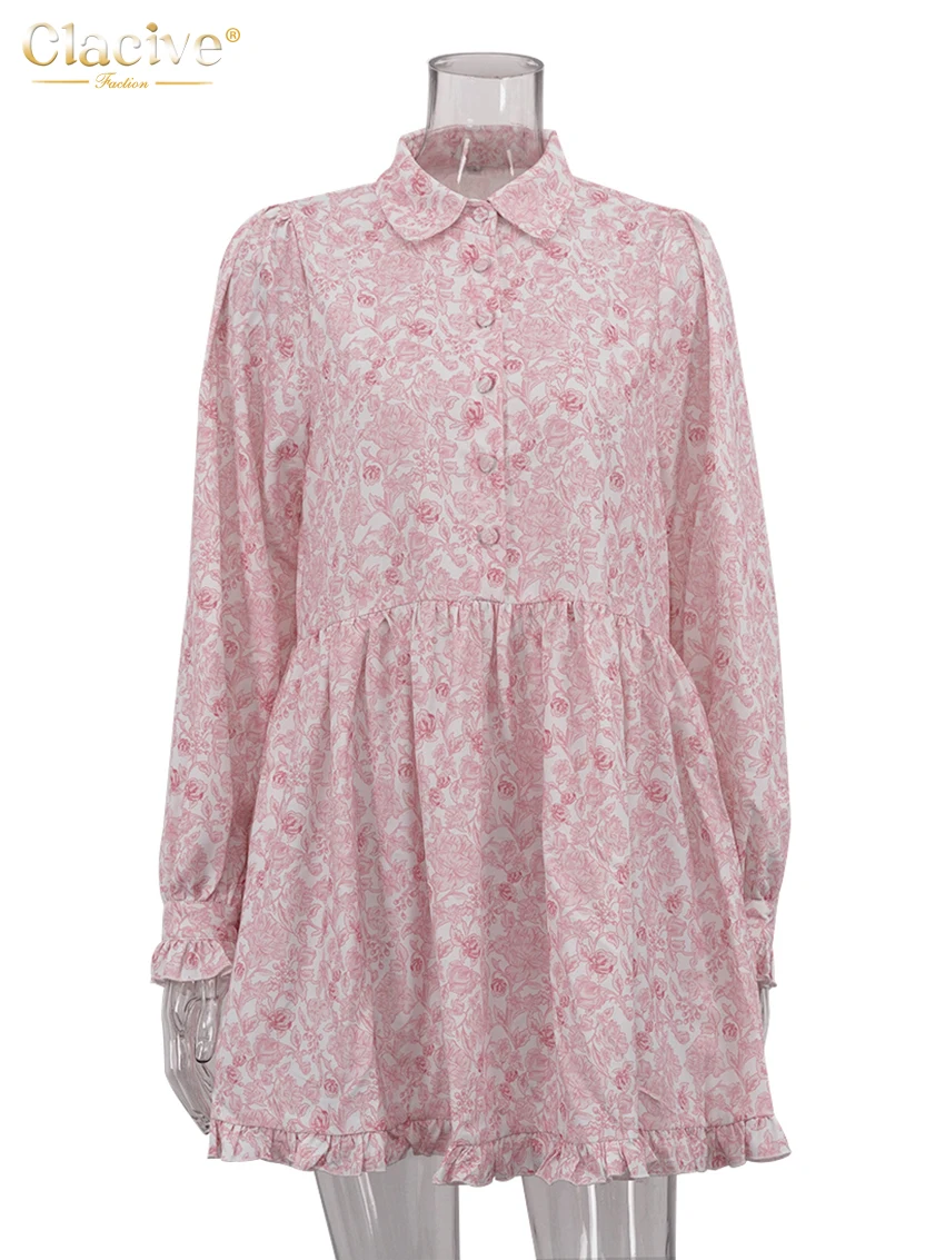 Clacive Fashion Loose Print Women\'s Dress 2024 Casual Lapel Long Sleeve Mini Dresses Elegant Classic Pleated Female Dress