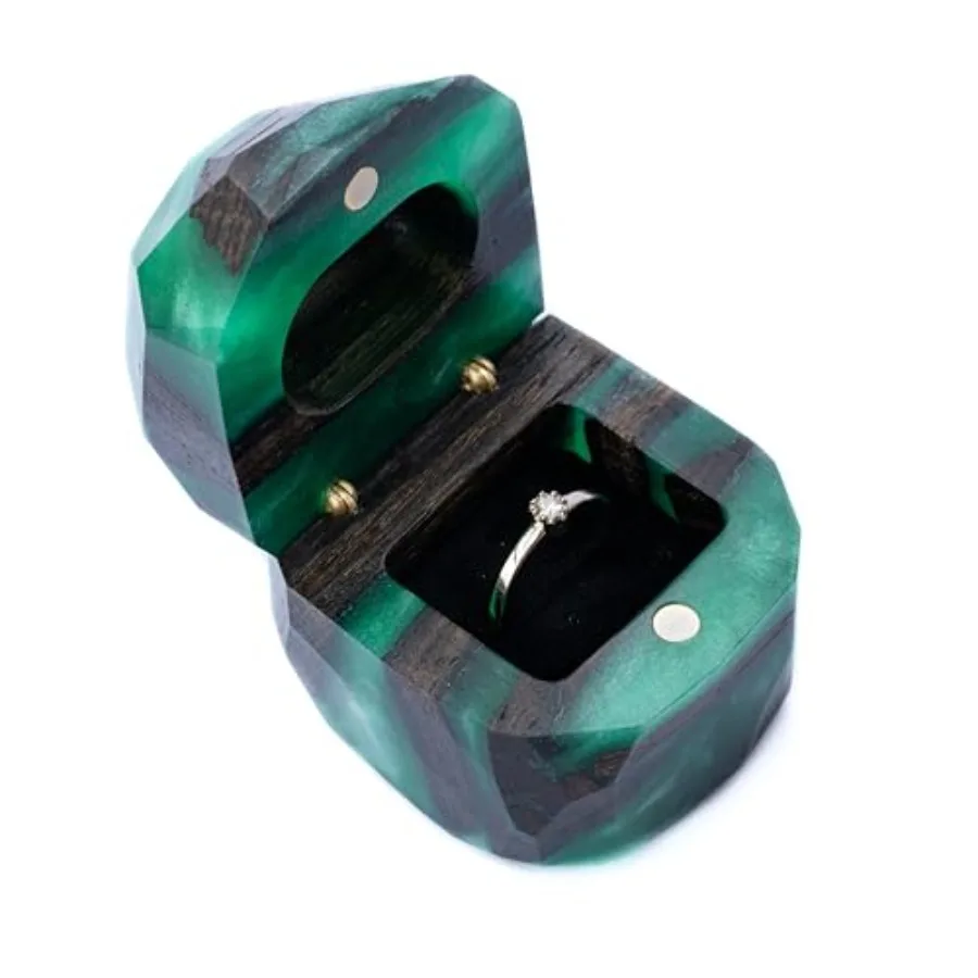 

RWA Fancy Ring Box - Green Engagement Ring Boxes - Unique Wooden Resin Ring Bearer Box for Proposal Wedding Anniversary - Gift