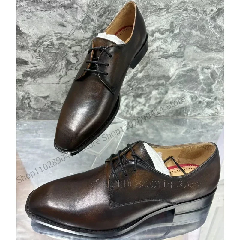 

Brown Matte Leather Square Toe Strappy Loafers Fashion Lace Up Men Shoes Luxurious Handmade Party Feast Office Men Dress Shoes