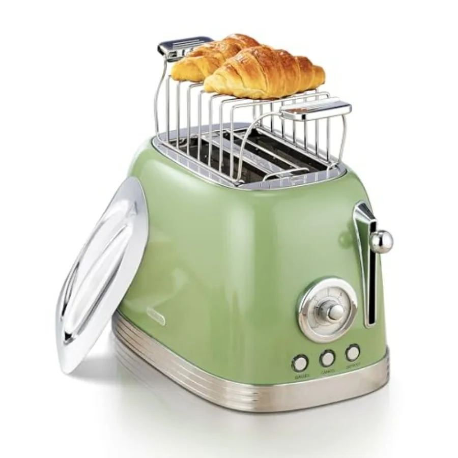 

Green Cute Retro Toaster 2 Slice with 1.58 Wide Slots Stainless Steel Lid Warming Rack Preheat Defrost Countdown Timer Display