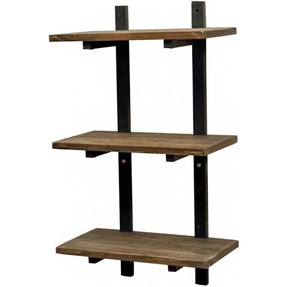 

36” High Metal and Reclaimed Solid Pine Wall Shelf, Industrial Decorative Furniture with 3 Natural Finish Shelves