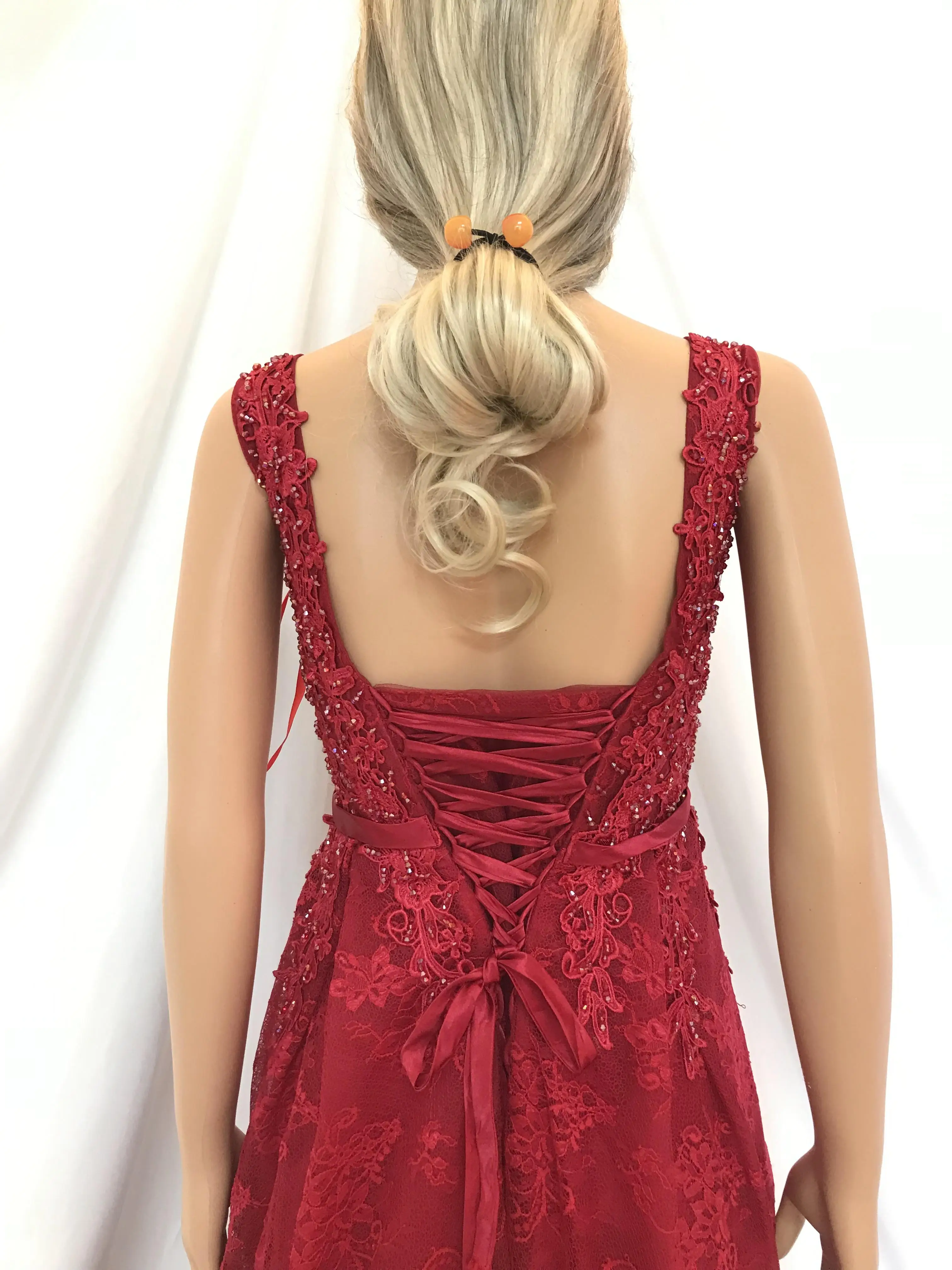 Vestido Kisswhite-Red Lace, Decote Em V, Lace Up Back, estoque nupcial, Cleandecor, vestidos de baile