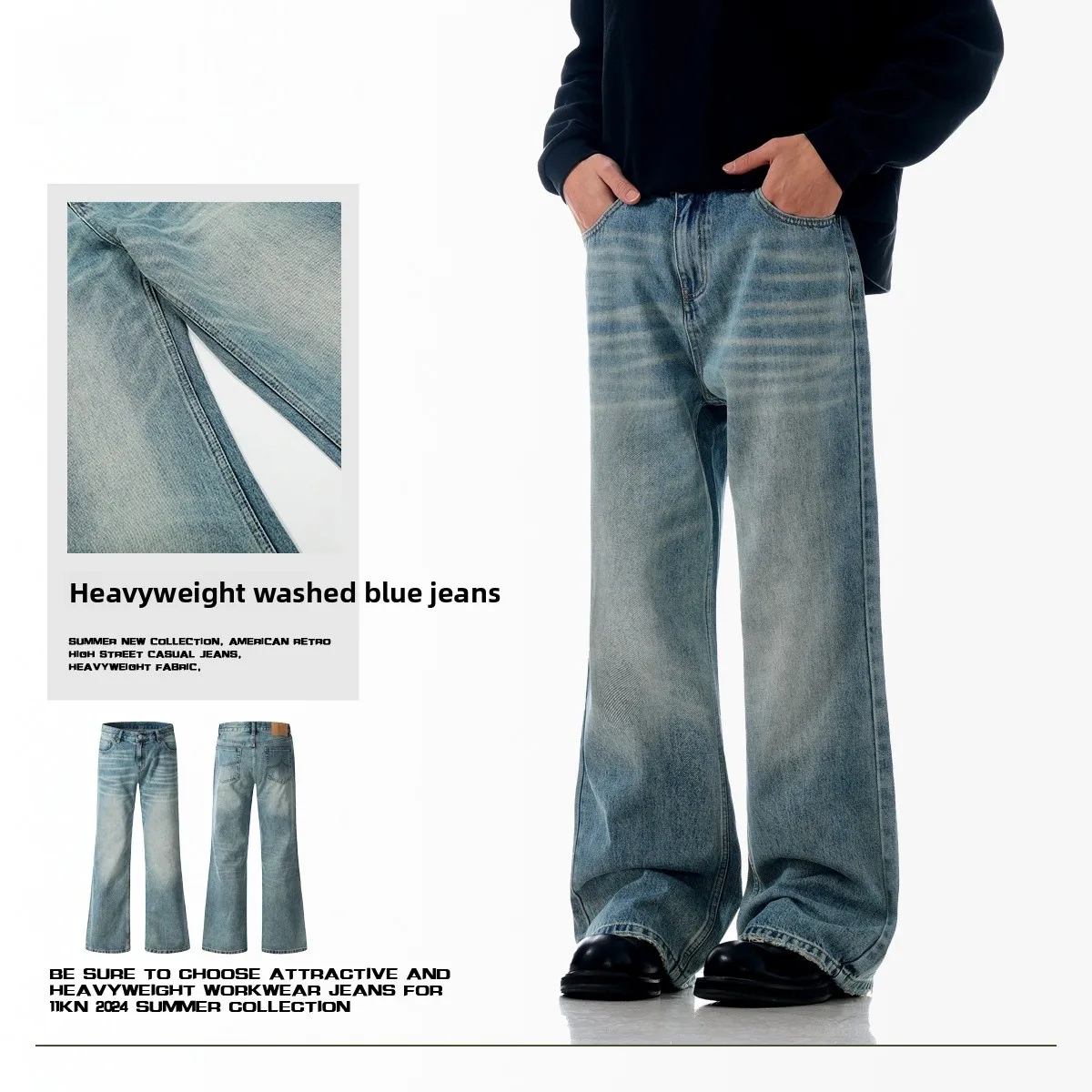 

American Retro Waed Blue Micro Flare Jeans Casual Slimming Cleanfit 3D Staing Men Women Long Pants Cotton Denim Jeans