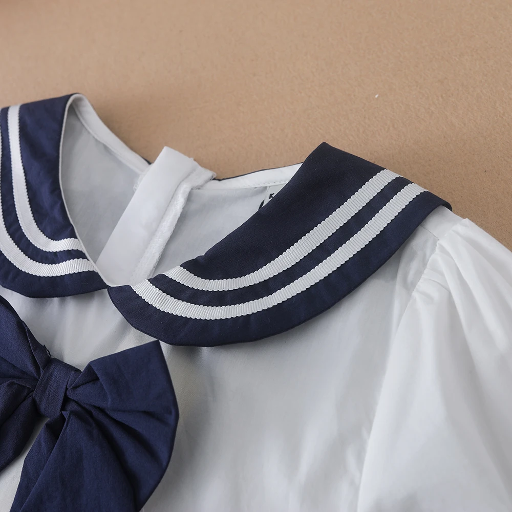 Girls Summer Dress 100% Cotton Turn-Down Collar Clothes Children Preppy Style Dresses with Bow for School Kids 5-12 Years