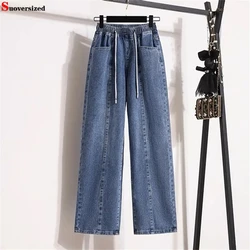 Oversize 4xl 90kg Blue Straight Leg Jeans Drawstring Baggy Pants Elastic High Waist Pantalones Women Vaqueros Korean Trousers