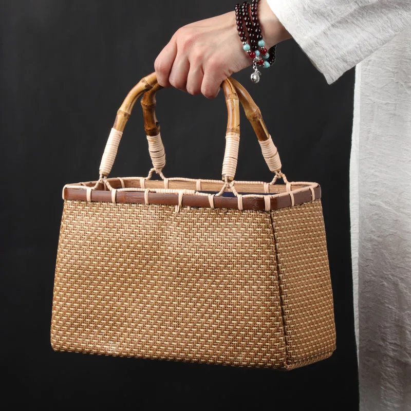 Hand Woven Bamboo Bag Summer Bead Handbag Women\'s Knitting Fashion Retro Mini Women\'s Handbags Creative Tea Set Storage Bags