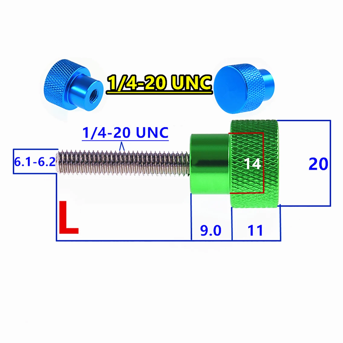 1Pcs UNC 1/4-20 Head Dia 20mm Colourful Thumb Screw Aluminum Alloy+Stainless Steel Flat Head Knurled Hand Grip Knob Step Bolts