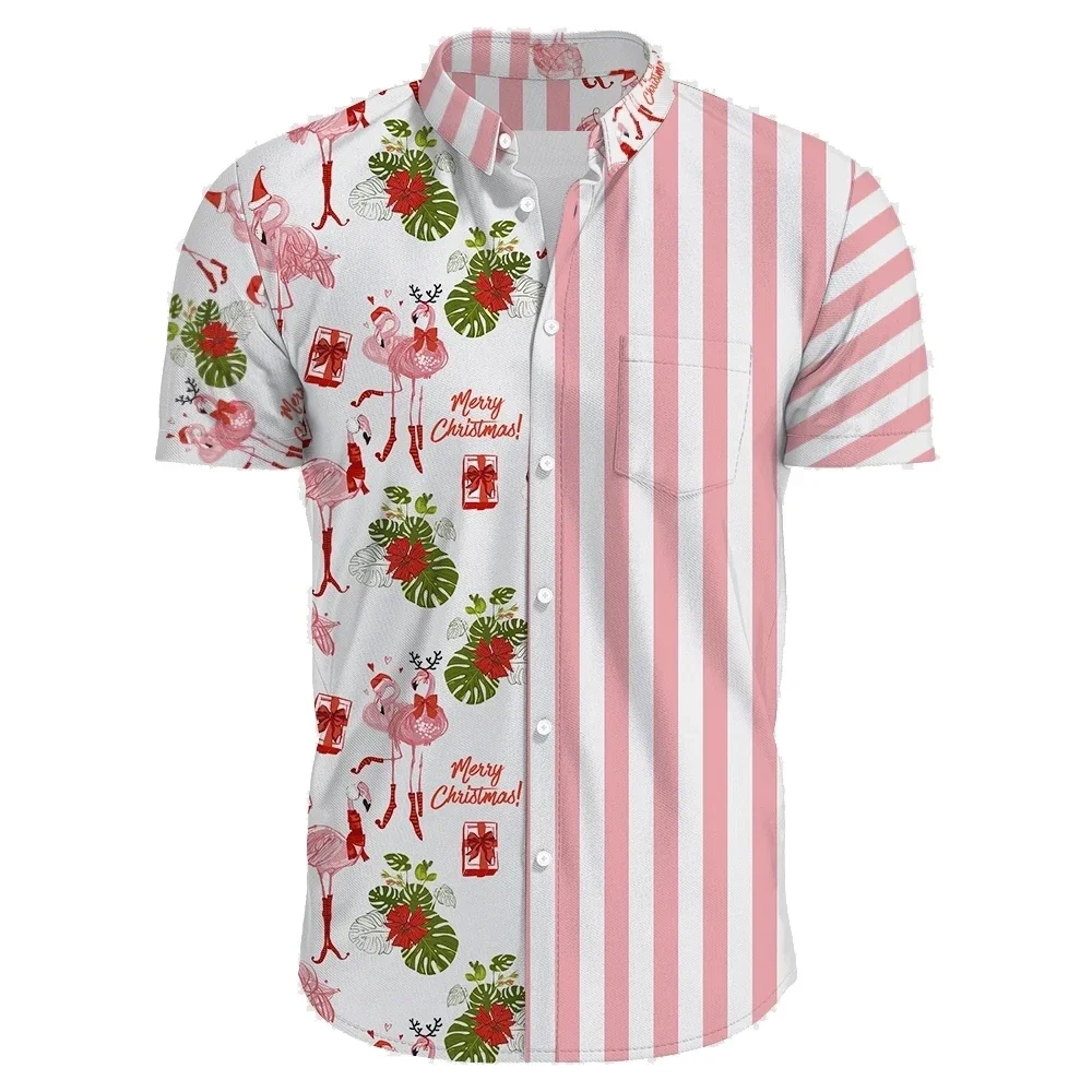 Festive Hawaiian Christmas Carnival Short Sleeve Shirt Men New Year Santa Casual Y2K Tropical Plants Print Beach Aloha Beachwear