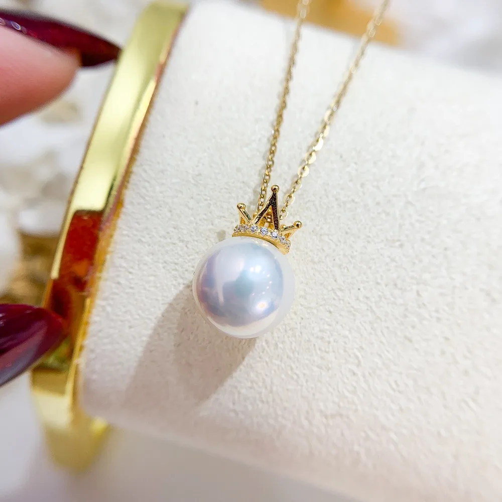 DIY Pearl Accessories S925 Sterling Silver Pendant Empty Crown Gold Silver Necklace Pendant with 10-13mm Circle D212