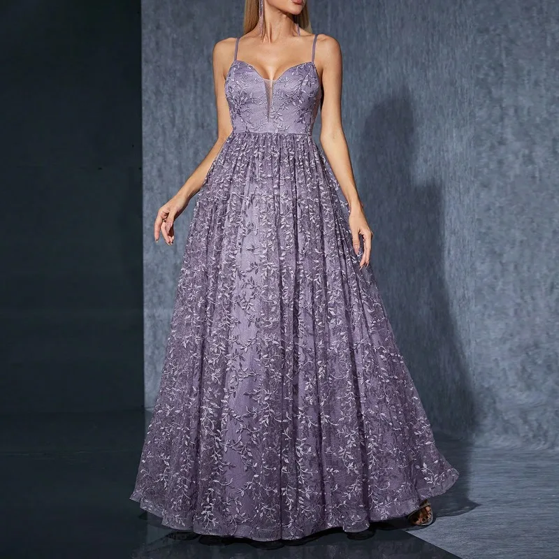 

Women's New Summer Embroidered Strap Evening Dress Fashion Bridesmaid Dress Annual Meeting Banquet Big Skirt Embroidered Dress