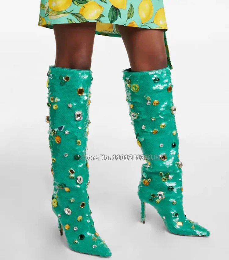 Botas hasta la rodilla de tacón alto con decoración de piedras preciosas coloridas para mujer, Bota larga femenina de tacón alto fino verde turquesa con punta puntiaguda