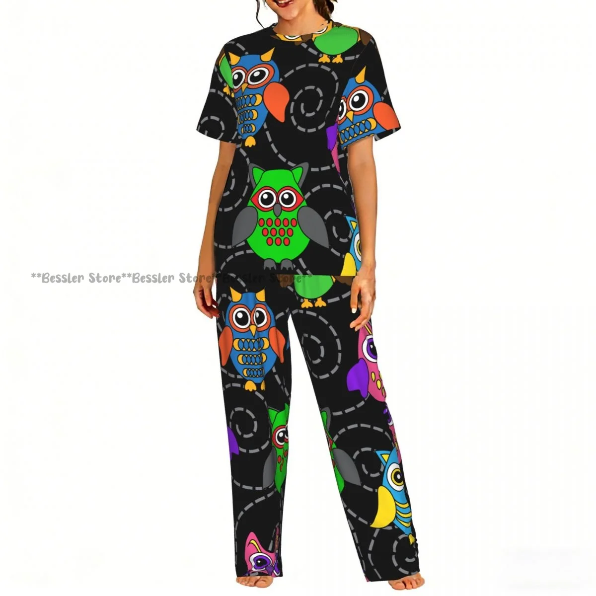 

Women's Comfort Pajamas Women's Curls And Cartoon Owls Short Sleeve Set Sleepwear