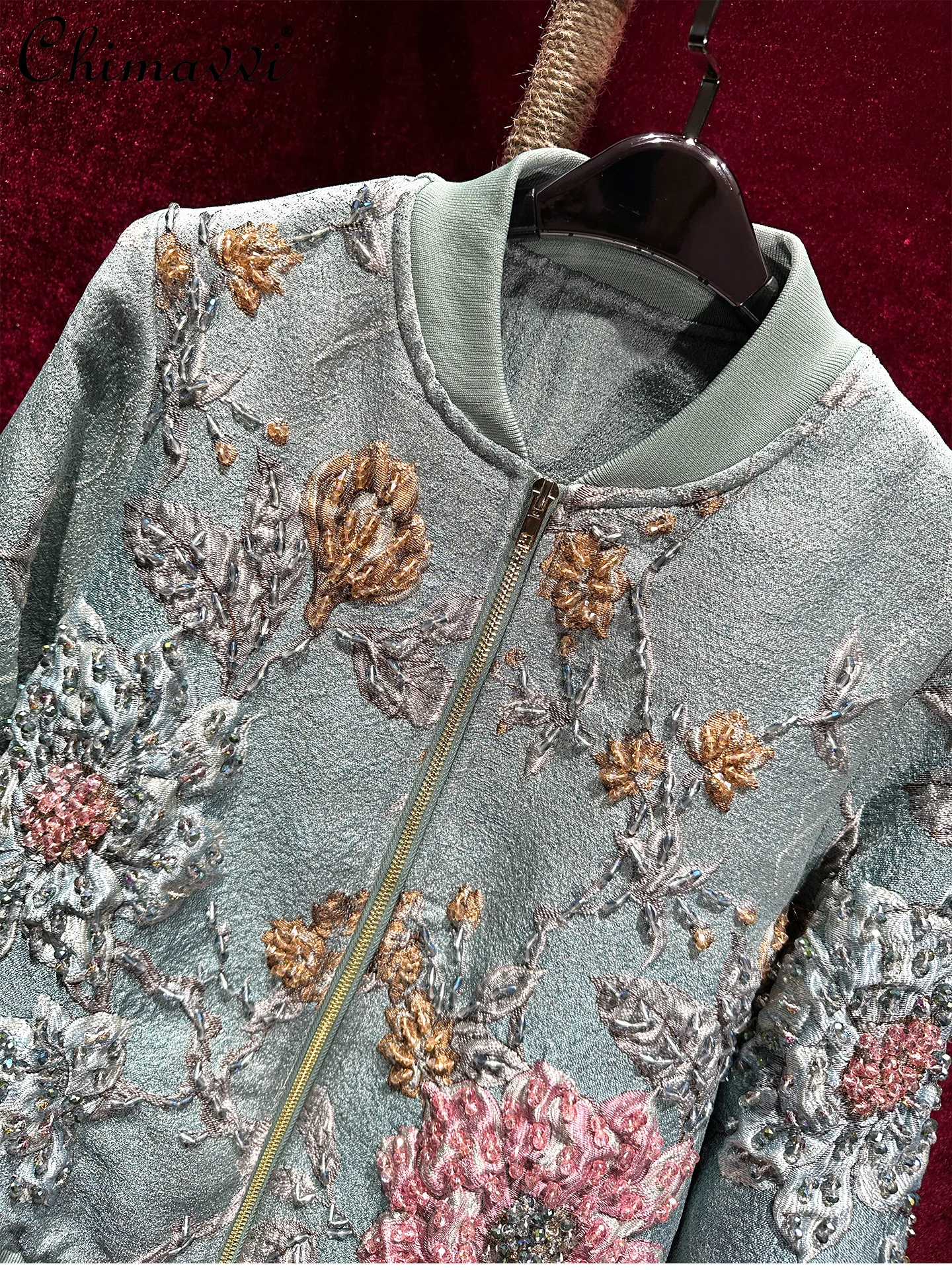 High-End Heavy Beading Embossed Jacquard Embroidery Casual Jacket Coat Baseball Jacket Women Autumn New Fashion Long Sleeve Top