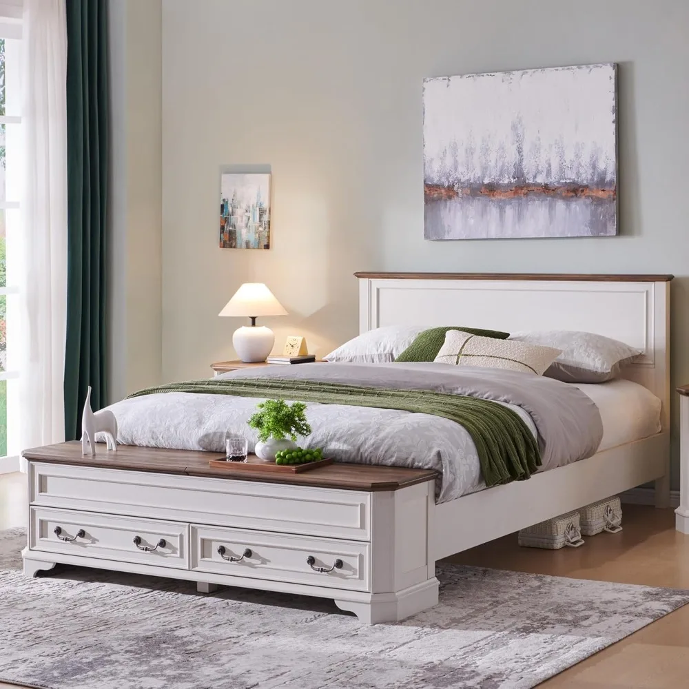 

Farmhouse Queen Bed with Headboard and Storage Bench, Rustic Wood Platform Bed with 64" Storage Chest w/ 4 Large Drawer