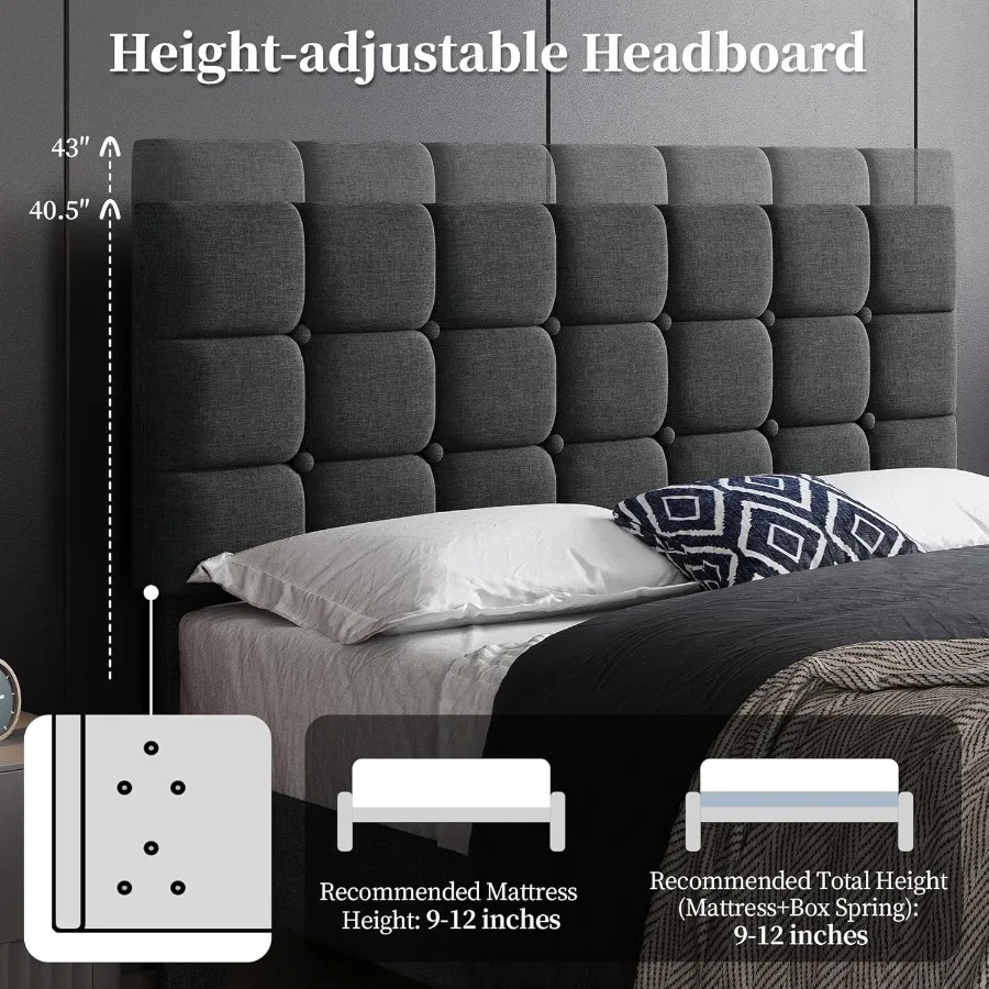 إطار سرير منجد بحجم كوين حديث مع خياطة مربعة وزر لشد اللوح الأمامي وتصميم قابل للتعديل وشرائح خشبية