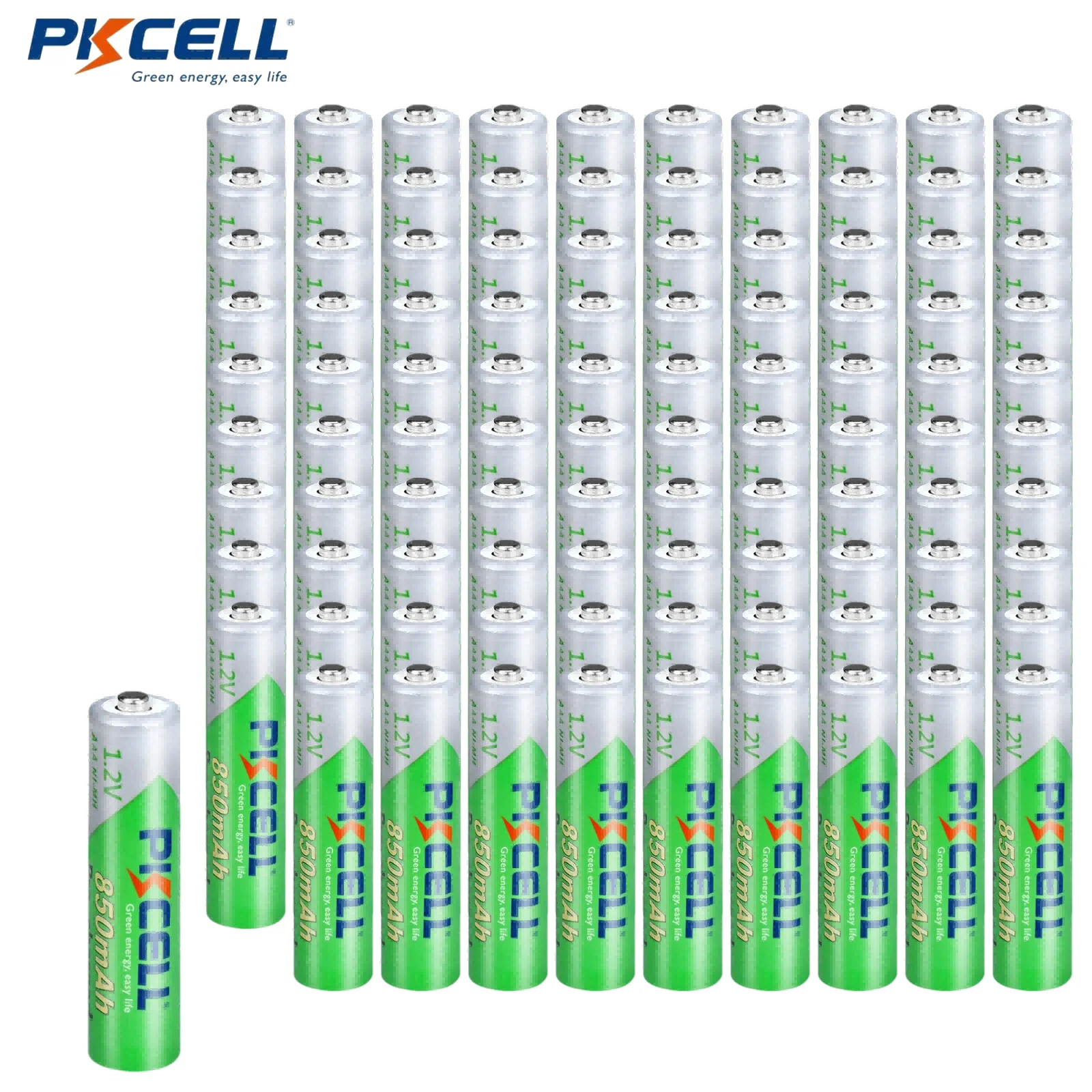 

PKCELL 100PCS Rechargeable NiMH 850mAh Battery 1.2V Precharged Low Self Discharge Rechargeable AAA Batteries for Cordless Phones