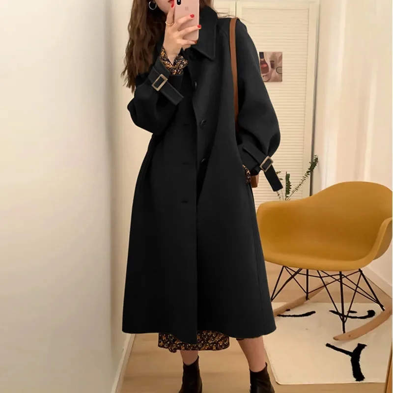 

New Women's Woolen Coat Medium Length Elegant Hepburn Style Small Size Outerwear Autumn Winter Seasonal Fashion