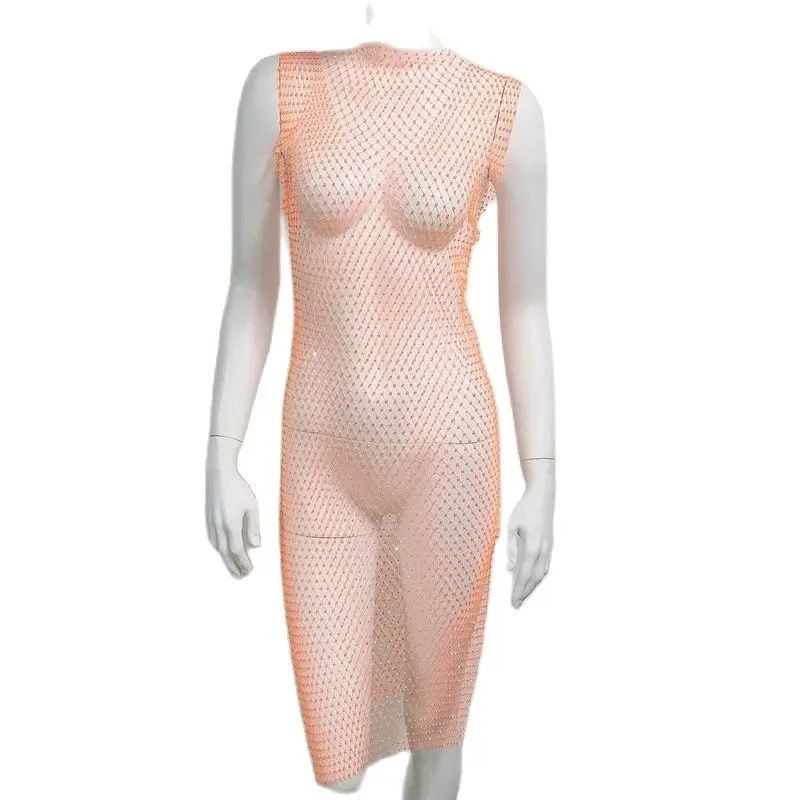 AKYZO Women's Bling Rhinestone Fishnet Sexy Dress See Through Hollow Out Sleeveless Summer Beach Split Club Rave Party Dresses