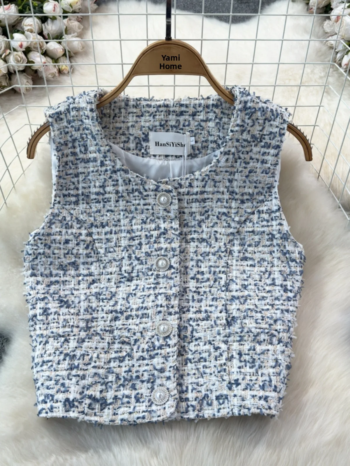 2025년 봄 신상 여성 패션 헤비 울 베스트 재킷 스몰 프래그런스 스타일 슬림 아우터웨어 라운드 넥 버튼 디테일