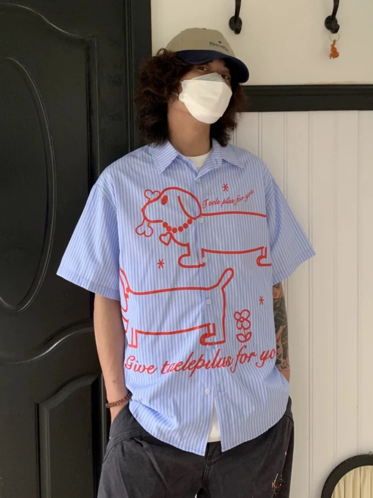 

American Retro Striped Cute Little Dog Print ort Sve Casual irt ex Summer Cleanfit Loose Fit irt for Youth