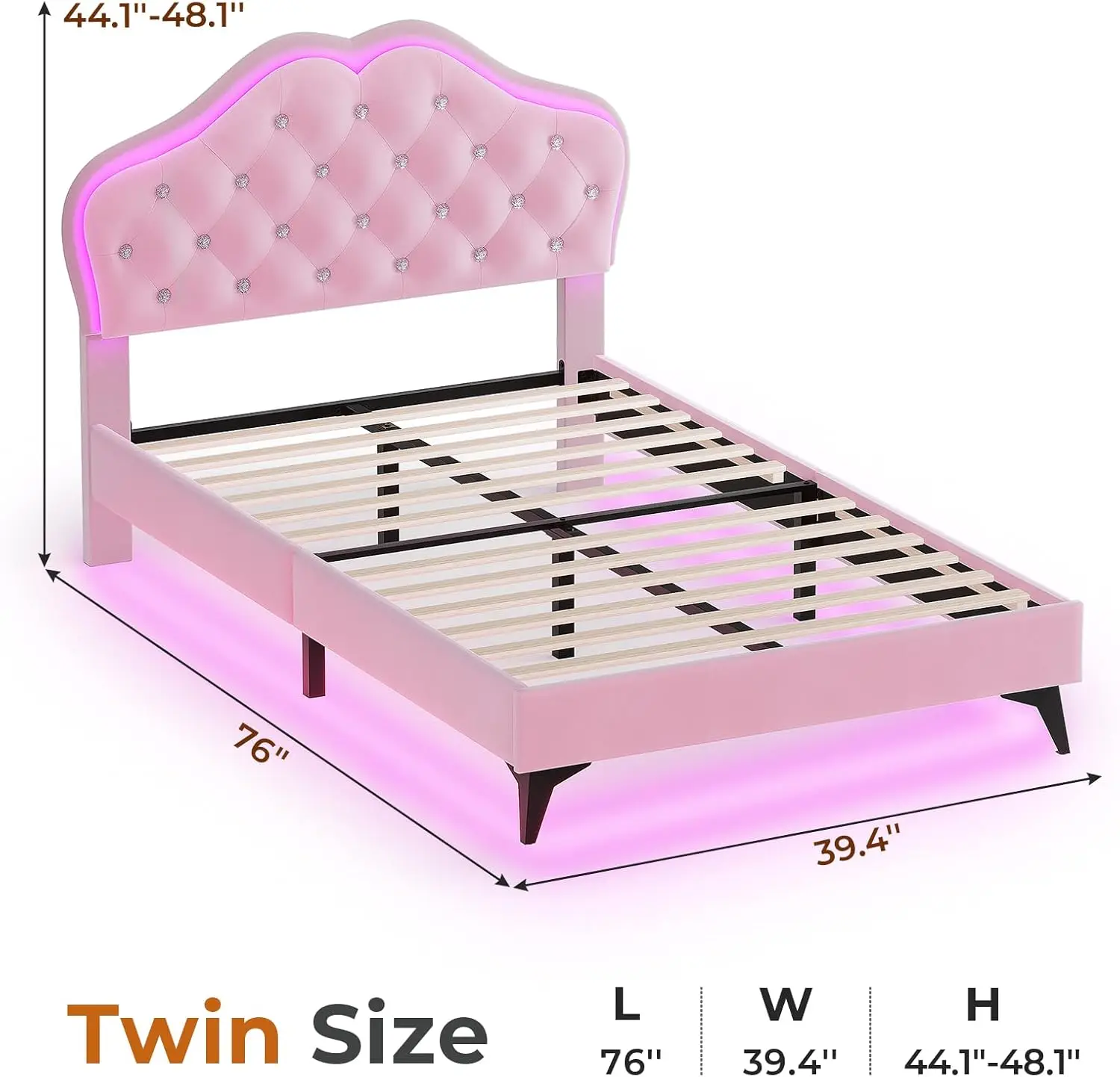 Cadre de lit LED en velours avec bouton en cristal réglable, lit double pour filles, planche de sauna, lit plateforme princesse, taille jumelle