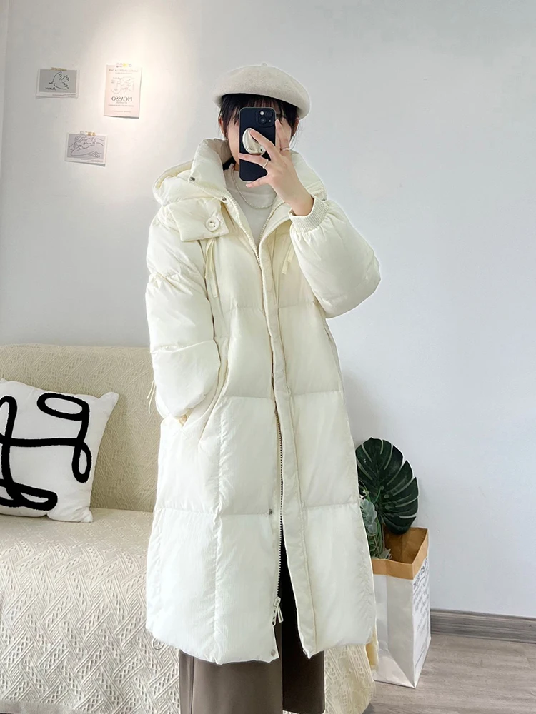 Winter Long Solid Puff Hooded Down Jacket Women White Duck Down Thick Down Jackets Female Warm Loose Parker Knee Length Outwears