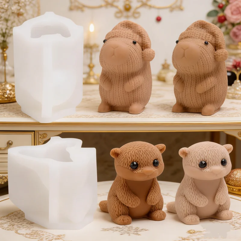 3D Cute Crochet Capybara & Otter Silicone Candle Molds Charming Knit Texture Animal Making Resin Mold Lover Gifts Aesthetic Deco