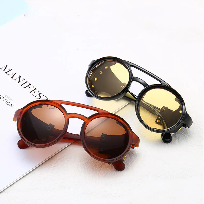 Steampunk Shields Sunglasses Men Women Classic Sun Glasses With Side Leather Round Eyewears Punk UV400 Lens