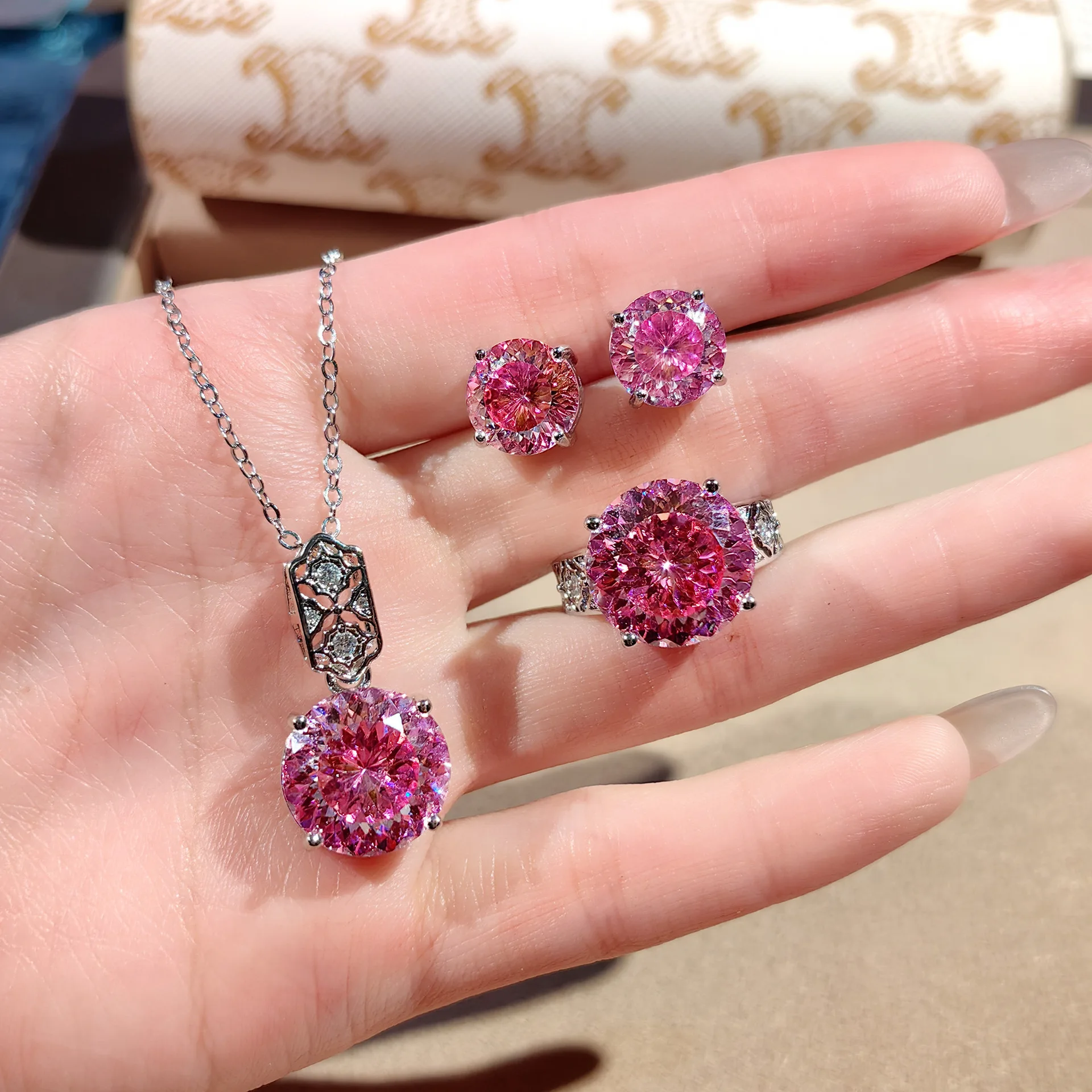 S925 Sterling Silver Ring Necklace Stud Earrings Pendant High Carbon Diamond Rose Diamond Women