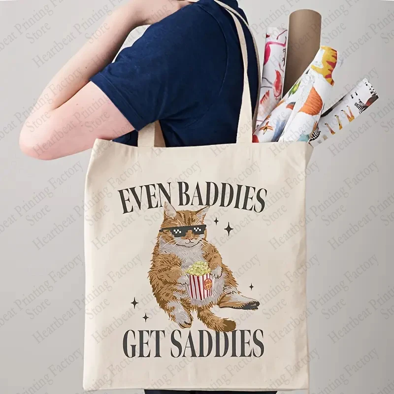 Even Baddies Get Saddies Pattern Books Storage Totes Shopping Bags Reusable Cute Cat Graphic Shoulder Bag for Daily Life