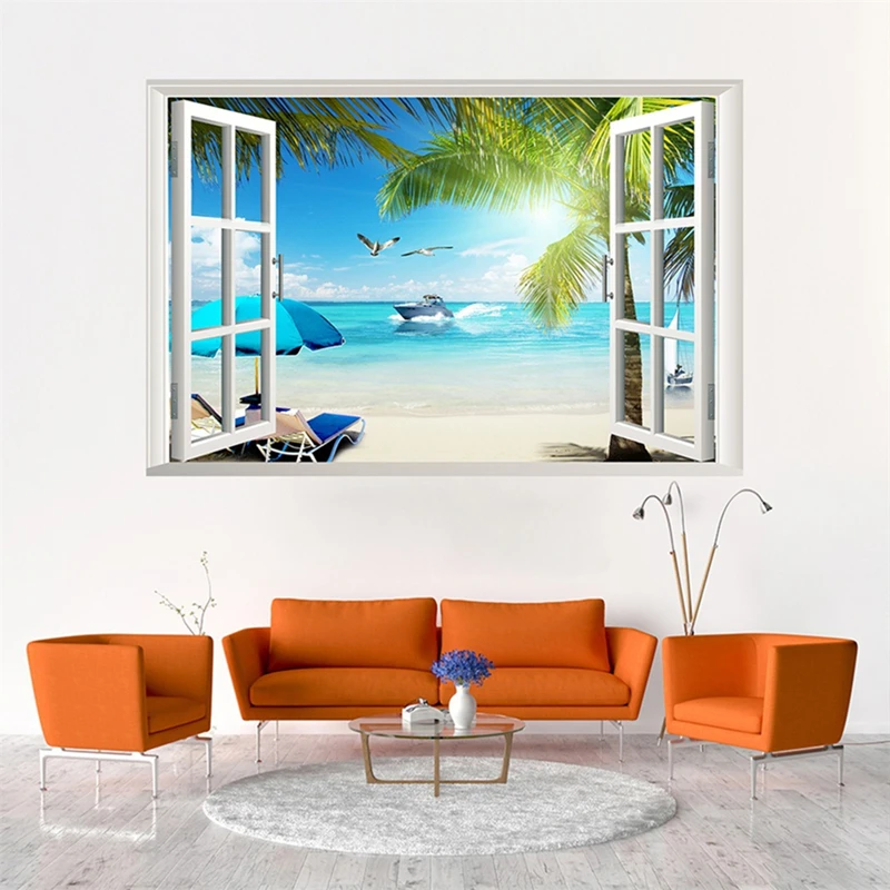 Summer Beach Palm Tree Scenery Poster Home Decorations Fake 3D Window Sunny Sea View Vinyl Stickers Wall Art Seabird Ship Murals