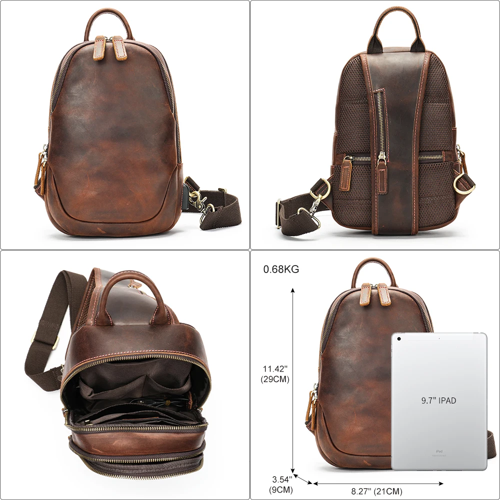 New Brand Designer Genuine Leather Men's Chest Bag Crazy Horse Leather Casual One Shoulder Crossbody Bag With USB Port image 3