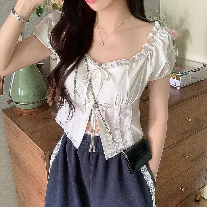 

Summer Women's Chiffon irt Sweet Korean Sle Splice Lace Collar Square Collar Tie ort Length Open Belly ort Sve Blouse