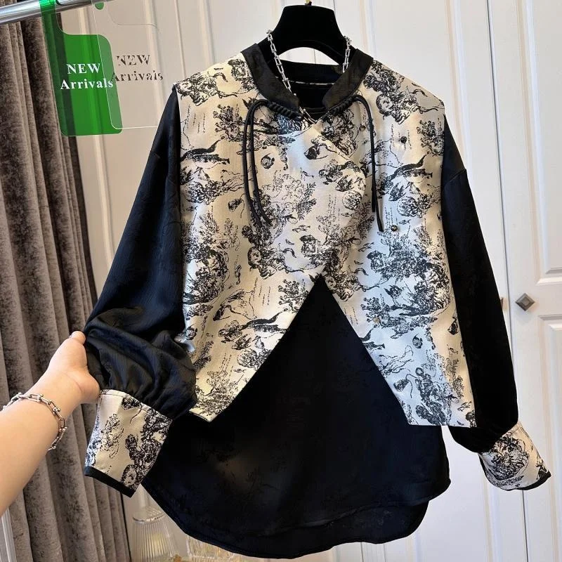 

Рубашка-топ большого размера (до 300 фунтов) с принтом на водной основе, в стиле пэчворк, свободного кроя, с длинными рукавами, весна-осень, унисекс, дышащая, повседневная...