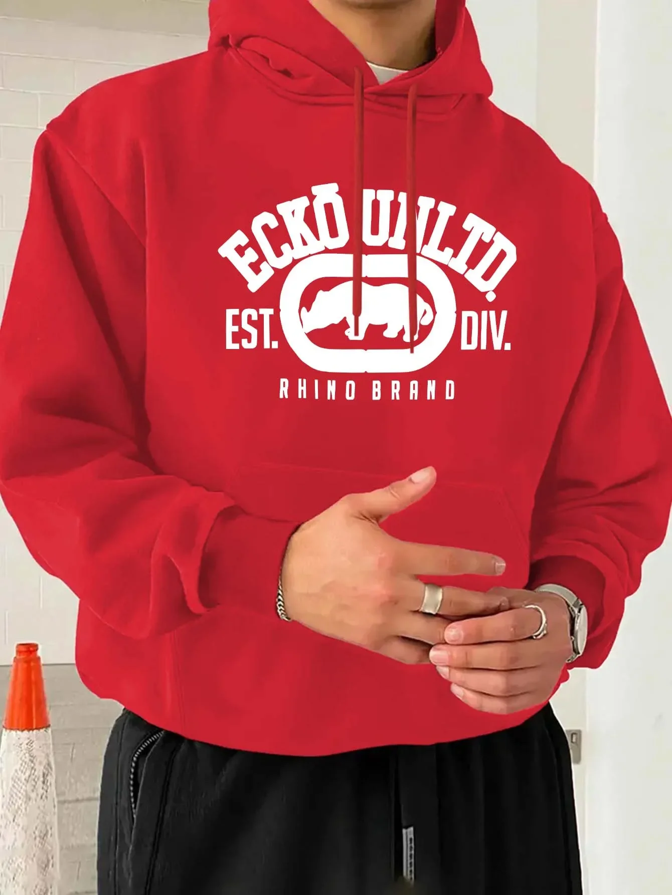 Men Ecko Unltd Rhino Logo Hoodie Vintage Arch Letter Print Drawstring Hooded Sweatshirt Front Kangaroo Pocket Street Pullover