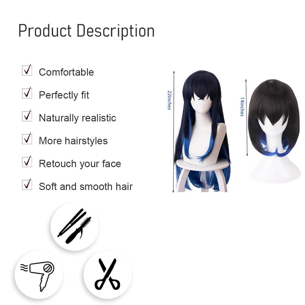 أنيمي شيطان سلاي هاشيبيرا إينوسوكي شعر مستعار صناعي متدرج باللونين الأسود والأزرق، شعر مستقيم لحفلات الهالوين اليومية #3