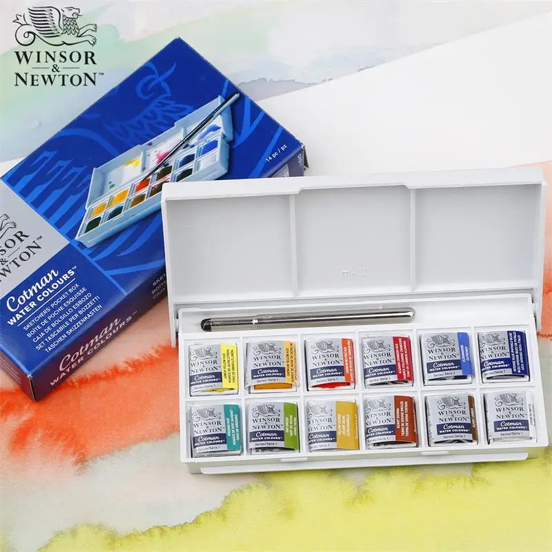 Winsor&Newton Cotman 12 Color Watercolor Paint Portable Travel Sketchers\' Half Pans Palette Watercolor Brushes Beginner Acuarela