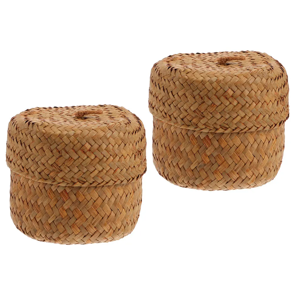 

2 Pcs Woven Baskets Seagrass Storage Basket With Lid Handmade Storage Organizer Straw Flower Boxes Lightweight Kitchen Decor