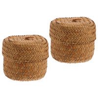 2 Pcs Woven Baskets Seagrass Storage Basket With Lid Handmade Storage Organizer Straw Flower Boxes Lightweight Kitchen Decor