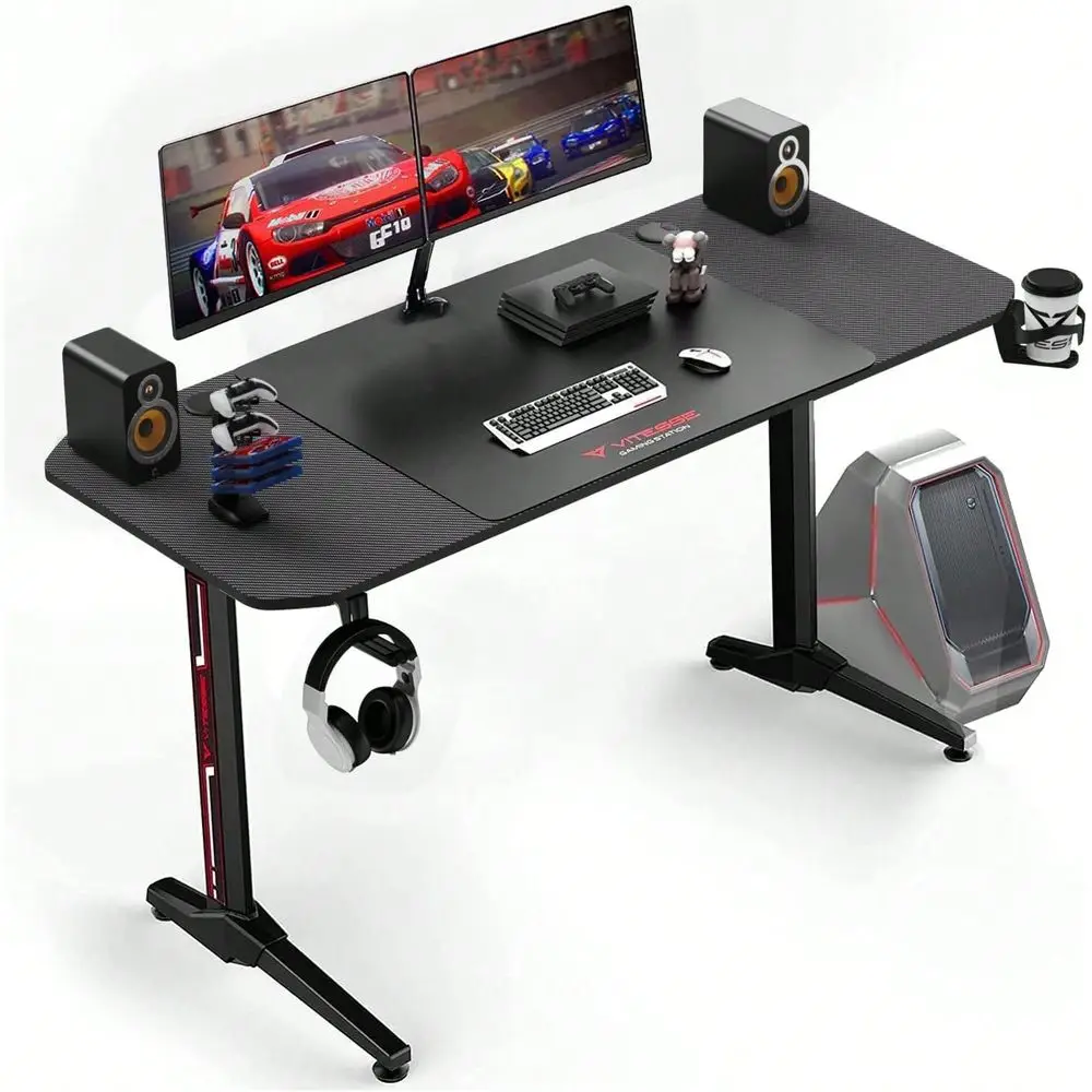 

Gaming Desk 55 Inch, T Shaped Office PC Computer Desk With Desk Mouse Pad, Gamer Tables With Gaming Handle Rack, Cup Holder Hea