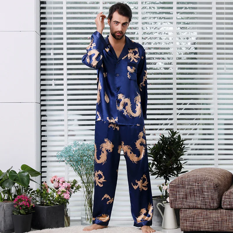 Chinese style Couple Thin Long Sleeve Nightgown Print Silk Satin Pajamas for Men Sleepwear Mens Pajama Set and Women Pajamas Set