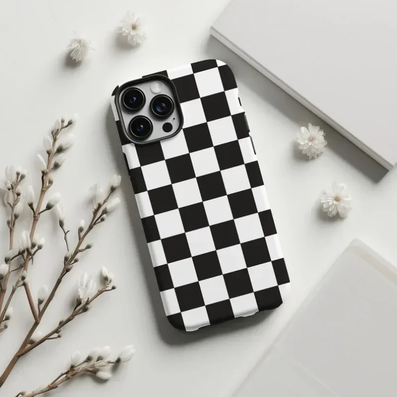 Black and White Checkered Phone Case For IPHONE 16ProMax 15 14 13 12 11 PRO Plus Acrylic TPU Two in one Mobile Phone Cases