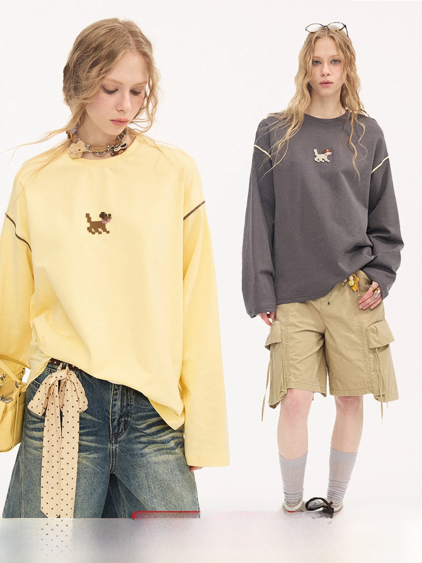 DIDDI MODA Cute Cartoon Embroidered Long Sleeve Loose Fit round Neck T-Shirt for Women Summer 2026 Animal Pattern