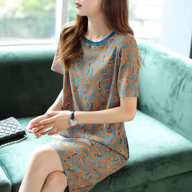 Fashion Printed O-Neck Short Sleeve Casual Dresses Women's Clothing 2023 Summer New Loose Floral Dress