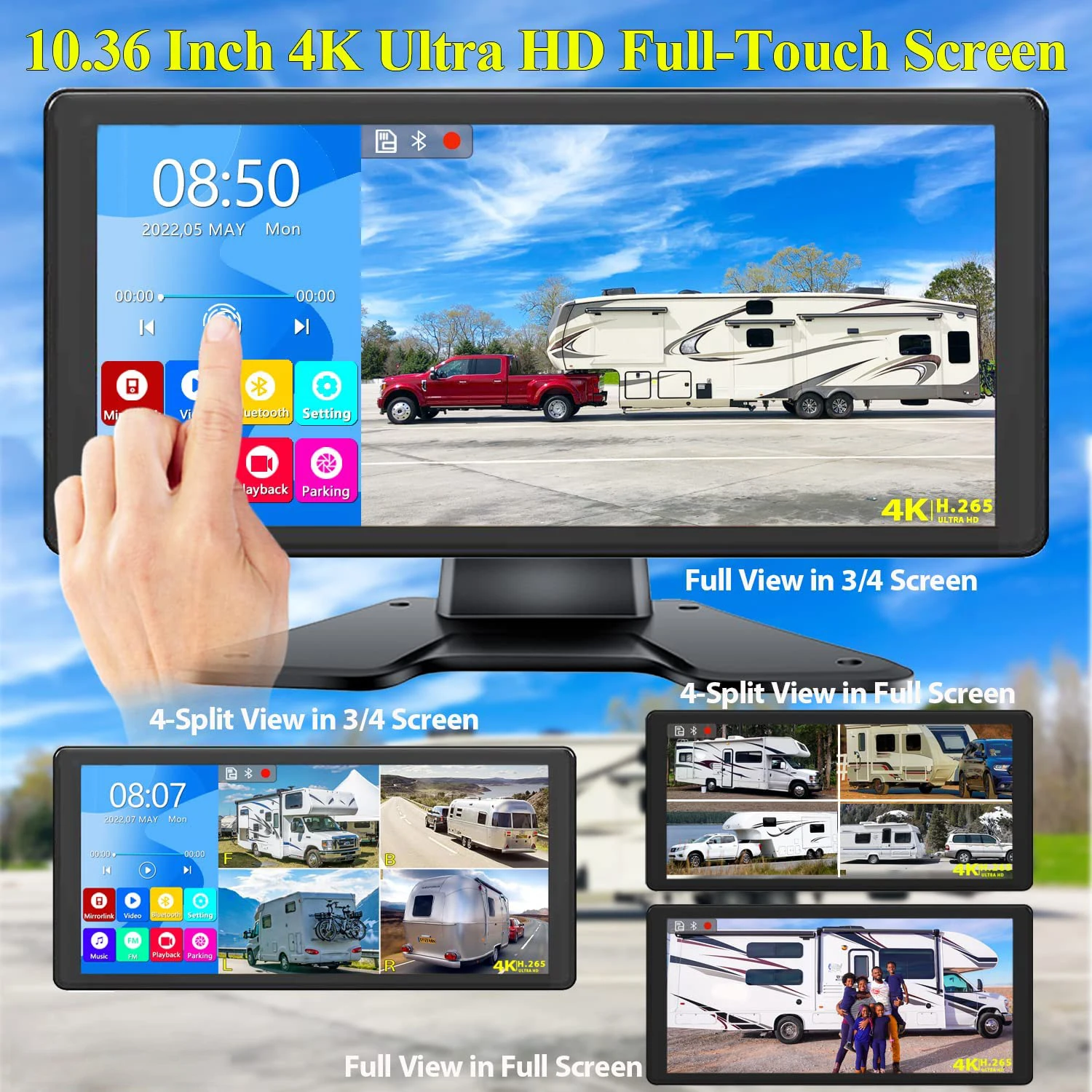 10.36 Inch Touch Screen Monitor Loop Recording 4ch AHD 1080P Bluetooth FM USB MP5 Mirror Link for Truck Caravan Trailer Camper