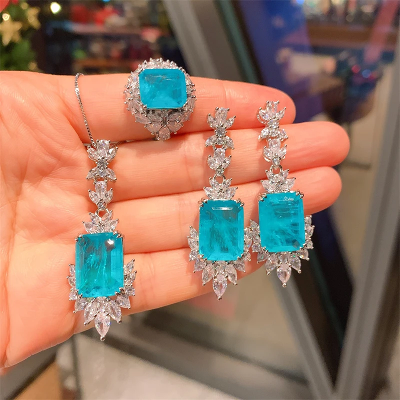 New Arrival Paraiba Tourmaline Necklace Pendant Ring Earrings High Carbon Diamond Women\'s Luxury Wedding Party Fine Jewelry Sets