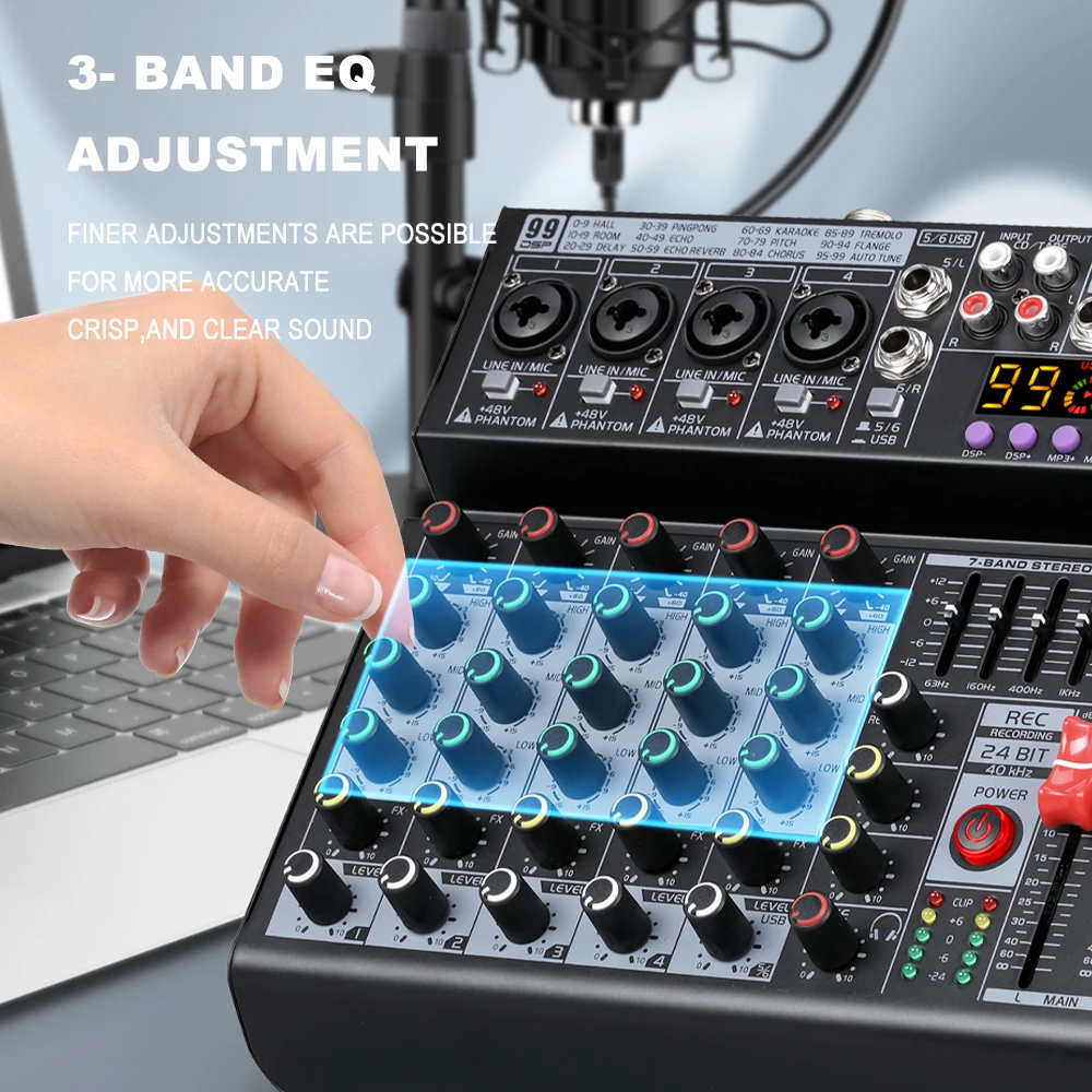 BOMGE 06A 6 قناة خلط وحدة التحكم 99 DSP 7 الفرقة EQ الصوت جهاز مزج الصوت مع USB PC سجل بلوتوث AUX 48 فولت مراقبة فانتوم #3