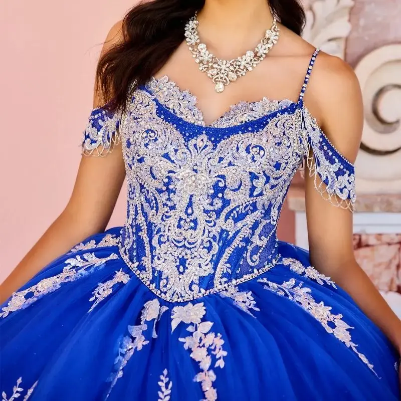 فستان من Lorencia أزرق ملكي Quinceanera ، دانتيل سباغيتي ، مشد مطرز بالكريستال ، ثوب حفلة ، حلو 16 ، YQD393